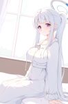  1girl absurdres adib_nyot blue_archive blunt_bangs blush breasts commentary dress grey_hair halo highres indoors large_breasts long_hair long_sleeves looking_at_viewer noa_(blue_archive) noa_(pajamas)_(blue_archive) official_alternate_costume ponytail purple_eyes sidelocks sitting sleepwear smile solo very_long_hair white_dress 
