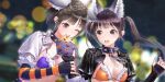  2girls animal_ear_fluff animal_ears animal_print azumi_nanaka bat_print bikini black_gloves black_hair black_jacket blue_reflection_(series) blue_reflection_sun braid breasts brown_eyes chain chain_leash chocolate_chip_cookie cleavage collar cookie dog_ears droopy_ears eating elbow_gloves food fur-trimmed_bikini fur-trimmed_gloves fur_trim game_cg gloves halloween halloween_costume highres hirahara_hiori holding holding_cookie holding_food imminent_bite jack-o&#039;-lantern_print jacket kemonomimi_mode kishida_mel leash leather leather_jacket lens_flare long_hair looking_at_another medium_breasts multiple_girls night night_sky non-web_source official_art one_eye_closed open_clothes open_jacket open_mouth orange_bikini orange_gloves outdoors partially_fingerless_gloves purple_bikini purple_hair short_hair sidelocks single_braid sky smile spiked_collar spikes striped_clothes striped_gloves swimsuit teeth twintails two-tone_gloves underboob upper_body upper_teeth_only white_jacket wolf_ears 