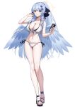  1girl absurdres alternate_costume alternate_hairstyle angel_wings bikini black_sandals blue_archive blue_hair blue_wings blush braided_sidelocks breasts brown_sandals cleavage commentary_request feathered_wings full_body green_eyes hair_ornament highres holding holding_phone large_breasts long_hair looking_at_viewer mine_(blue_archive) o-ring o-ring_top phone pointy_ears ponytail sandals seele0907 side-tie_bikini_bottom simple_background solo standing swimsuit thighs white_background wings 