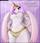  absurd_res anthro breasts clothing dress equid equine female fluffy friendship_is_magic gem glowing glowing_hair gold_(metal) gold_jewelry hair hasbro hi_res horn horse jewelry killerqueen1911 larger_female looking_at_viewer low-angle_view mammal my_little_pony mythological_creature mythological_equine mythology pony princess_celestia_(mlp) regalia royalty size_difference solo tall winged_unicorn wings 