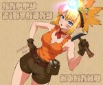  1girl 2024 :d bandaid bandaid_on_face belt belt_buckle blonde_hair blue_eyes breasts brown_belt brown_gloves brown_shorts buckle character_doll character_name cleavage cowboy_shot dated doll dr._stone dutch_angle eyebrows_hidden_by_hair gloves hair_between_eyes hand_on_own_hip happy_birthday highres holding ishigami_senkuu kohaku_(dr._stone) medium_breasts medium_hair ninomae_gin open_mouth orange_shirt partially_unbuttoned shirt short_shorts shorts signature sleeveless sleeveless_shirt smile solo split_ponytail standing tall_hair 