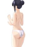  1girl absurdres ass back bangs bare_arms bare_shoulders black_hair blue_eyes blunt_bangs blush breasts closed_mouth commentary_request hair_bun highres large_breasts marui_koishi nipples original panties shoulder_blades sidelocks simple_background smile solo standing thighs topless underwear white_background white_panties 