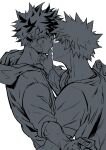  2boys bakugou_katsuki boku_no_hero_academia chiyaya closed_mouth crew_neck eye_contact finger_to_another&#039;s_mouth gauze gauze_on_cheek greyscale hand_on_another&#039;s_face highres hood hood_down hoodie imminent_kiss injury looking_at_another male_focus midoriya_izuku monochrome multiple_boys multiple_scars scar scar_on_arm scar_on_hand shirt short_hair simple_background sleeves_rolled_up spiked_hair upper_body white_background yaoi 