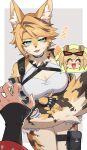  2girls absurdres animal_ear_fluff animal_ears black_choker black_gloves blonde_hair body_fur border breasts burnice_white cat_ears cat_girl cat_tail chawarabi choker cleavage commentary_request cowboy_shot criss-cross_halter fingerless_gloves fluffy_tail furry furry_female gloves green_eyes half-closed_eye halterneck highres large_breasts looking_at_viewer multicolored_fur multiple_girls o-ring o-ring_thigh_strap open_mouth pouch pov pulchra_fellini speech_bubble sweat tail tank_top thigh_pouch thigh_strap white_border white_tank_top yellow_fur zenless_zone_zero 
