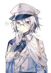  1boy ? absurdres aiguillette cape fate/grand_order fate_(series) formal_clothes glasses gloves grey_hair hat highres jacket keladi05316 looking_at_viewer male_focus open_mouth prince_of_lan_ling_(celebratory_attire)_(fate) prince_of_lan_ling_(fate) purple_eyes short_hair simple_background solo spoken_question_mark upper_body white_background white_gloves 