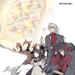  ... ...? 1girl 2boys ? antonio_salieri_(fate) antonio_salieri_(second_ascension)_(fate) apron banquluming black_dress black_hair brown_hair chinese_text cloak country_connection dante_alighieri_(fate) dante_alighieri_(second_ascension)_(fate) dress fate/grand_order fate_(series) food grey_hair hands_on_own_head highres jacket leonardo_da_vinci_(fate) leonardo_da_vinci_(rider)_(fate) leonardo_da_vinci_(rider)_(second_ascension)_(fate) long_hair long_sleeves medium_hair multicolored_hair multiple_boys photo_inset pineapple_on_pizza pizza red_eyes red_hair spoken_ellipsis spoken_question_mark torn_cloak torn_clothes translation_request two-tone_hair weapon white_apron white_background 