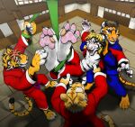  2015 anthro barefoot blonde_hair blush bodily_fluids bound brown_hair claws dipstick_tail dirty_feet dojo feet feet_together felid foot-paws foot_fetish foot_focus fur group hair hi_res keikogi laugh legs_tied lifted male mammal markings martial_arts_uniform multicolored_body multicolored_fur multicolored_pawpads orange_hair pantherine pawpads pink_nose restrained soles sportswear striped_markings stripes tail_markings tears tickling tickling_feet tiger 