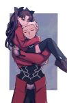  1boy 1girl absurdres archer_(fate) black_shirt black_thighhighs blue_eyes brown_hair carrying closed_eyes command_spell cropped_jacket dark-skinned_male dark_skin fate/stay_night fate_(series) grey_background hair_ribbon hair_slicked_back highres hug jacket jpeg_artifacts long_hair long_sleeves ohmoto_9 princess_carry red_jacket red_shirt ribbon shirt short_hair skirt smile thighhighs tohsaka_rin turtleneck two_side_up white_background white_hair 