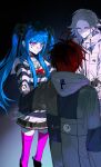  1girl 2boys ^_^ absurdres ahoge amemiya_darumi aotsuki_eito binxngchng1 black_background black_hair black_jacket blue_hair bow breast_pocket chinese_commentary choker closed_eyes facial_mark facing_another glasses gloves gradient_background grey_background grey_hair grey_jacket hair_bow heart heart_facial_mark highres holding_hands hood hoodie jacket long_hair looking_at_another makeup multicolored_hair multicolored_jacket multiple_boys pink_eyes pink_thighhighs pocket red_bow red_hair runny_makeup shirt short_hair simple_background skirt smile striped_clothes sumino_takumi the_hundred_line_-last_defense_academy- thighhighs twintails two-tone_background two-tone_jacket white_hoodie white_jacket 
