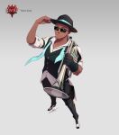  1boy adjusting_clothes adjusting_headwear aqua_necktie black_gloves black_hat black_pants black_vest brown_eyes buttons character_name closed_mouth collarbone collared_shirt commentary copyright_logo copyright_name dark-skinned_male dark_skin flynt_coal full_body gloves gradient_background hat highres holding holding_instrument holding_trumpet instrument male_focus necktie official_art pants rwby shirt shoes short_hair signature simple_background single_glove smile solo standing striped_clothes striped_pants sunglasses trumpet undone_necktie uyalago vertical-striped_clothes vertical-striped_pants vest white_shirt white_shoes 
