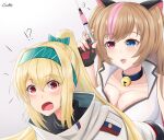  2girls animal_ears blonde_hair bow breasts brown_hair cat_ears eyebrows_visible_through_hair gamryous girls&#039;_frontline gloves hairband heterochromia highres long_hair mk23_(girls&#039;_frontline) multiple_girls ponytail red_eyes scarf smile surprised sv-98_(girls&#039;_frontline) syringe white_scarf 