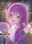  1girl 39m27 :d absurdres aerial_fireworks blurry blurry_background center-flap_bangs commentary_request demon_girl double-parted_bangs fang fireworks floral_print floral_print_kimono flower frilled_kimono frills green_eyes green_sash hair_flower hair_ornament hairclip hand_fan highres holding holding_fan hololive holonatsu_paradise japanese_clothes kimono long_hair looking_at_viewer multicolored_hair night obi official_alternate_costume official_alternate_hairstyle open_mouth outdoors pink_hair pointy_ears print_kimono purple_hair purple_kimono sash skin_fang smile solo streaked_hair tokoyami_towa tokoyami_towa_(holonatsu_paradise) upper_body virtual_youtuber x_hair_ornament yukata 