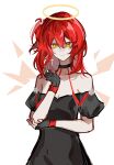  1girl absurdres arknights bare_shoulders black_choker black_dress black_gloves breasts chinese_commentary choker cleavage closed_mouth collarbone commentary_request cross cross_earrings dress earrings extremely-evil-xd exusiai_(arknights) exusiai_the_new_covenant_(arknights) fingerless_gloves gloves hair_between_eyes halo hand_on_own_elbow highres jewelry latin_cross looking_at_viewer medium_breasts medium_hair off_shoulder red_hair simple_background smile solo textless_version traditional_halo white_background yellow_eyes yellow_halo 
