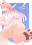  2021 absurd_res anthro big_breasts bikini blep blue_eyes blush breasts canid canine claws cleavage clothed clothing feet female foot_focus fox fur hair hi_res japanese_text kemono long_hair looking_at_viewer low-angle_view mammal pawpads paws signature soles solo swimwear tan_body tan_fur tan_hair text toe_claws tongue tongue_out translation_request ukenya 