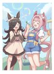  2girls :d ^_^ animal_ears bare_legs bird blue_overalls blue_sky blush border bottle bow brown_bow brown_collar brown_dress brown_hair brown_hairband bubble bubble_pipe bush clapping closed_eyes cloud collar commentary cross-laced_clothes cross-laced_sleeves day dot_nose dress ear_bow flipped_bangs flipped_hair flipped_sidelocks floral_print hair_intakes hair_over_one_eye hairband hand_up happy haru_urara_(umamusume) hashtag-only_commentary headband highres holding holding_bottle horse_ears horse_girl horse_tail lace_collar lamppost leg_up long_bangs long_hair long_sleeves multiple_girls official_alternate_costume outdoors overalls pink_shirt pinky_out ponytail puffy_long_sleeves puffy_short_sleeves puffy_sleeves red_headband red_shoes ribbon rice_shower_(umamusume) shirt shoes short_sleeves sidelocks sky smile sneakers socks standing standing_on_one_leg striped_clothes striped_socks sunanuko_(ramuneko) sunlight swing swing_set symbol-only_commentary tail teeth umamusume upper_teeth_only very_long_hair waist_bow white_border white_ribbon white_sleeves yellow_ribbon 