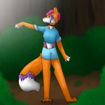  anthro blue_clothing blue_eyes clothing dancing female fluffy fluffy_tail forest forest_background fur hair hi_res humanoid nature nature_background orange_body orange_fur pink_hair plant purple_body purple_fur red_hair solo tree white_body white_fingers white_fur 