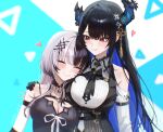  2girls absurdres arm_around_shoulder arm_strap asymmetrical_horns black_bow black_bowtie black_choker black_dress black_gloves black_hair black_vest blue_hair blunt_bangs bow bowtie breast_strap breasts choker cleavage closed_eyes closed_mouth clothing_cutout collared_shirt colored_inner_hair commentary dress dress_shirt flower flower_knot gloves grey_hair hair_ornament head_on_another&#039;s_shoulder heart highres hololive hololive_english horn_flower horns large_breasts long_hair long_sleeves looking_at_another mole mole_under_eye multicolored_hair multiple_girls nerissa_ravencroft nerissa_ravencroft_(1st_costume) pantsu_shot purple_eyes ribbed_shirt shiori_novella shiori_novella_(1st_costume) shirt shoulder_cutout sidelocks sleeveless sleeveless_dress slit_pupils smile split-color_hair symbol-only_commentary tassel tassel_hair_ornament uneven_horns upper_body vest virtual_youtuber white_shirt yuri 