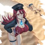  2girls ahoge bikini bikini_bottom_only bikini_under_shorts black_bikini black_hat black_jacket black_thighlet blowing_whistle blue_fire breasts brown_hair cleavage commentary day denim denim_shorts double-parted_bangs elizabeth_rose_bloodflame elizabeth_rose_bloodflame_(holonatsu_paradise) english_commentary fire fire_on_chest flame_print gigi_murin gigi_murin_(holonatsu_paradise) hair_between_eyes hand_on_own_hip hat highleg highleg_bikini highleg_one-piece_swimsuit highres holding holding_whistle hololive hololive_english holonatsu_paradise jacket large_breasts long_hair looking_at_viewer median_furrow multicolored_hair multiple_girls no_tail official_alternate_costume one-piece_swimsuit outdoors peaked_cap police_hat red_eyes red_hair red_one-piece_swimsuit sand sandals seventeencrows short_hair short_shorts short_twintails shorts shoulder_blades solo_focus swimsuit top-down_bottom-up topless_female twintails two-tone_hair very_long_hair virtual_youtuber whistle 