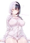  1girl ? absurdres black_hair breasts button_gap covered_nipples grey_hair hairband highres hololive hololive_english large_breasts long_hair long_sleeves looking_at_viewer low_twintails mashiro_www multicolored_hair pajamas parted_lips shiori_novella short_shorts shorts simple_background sitting sleepwear split-color_hair twintails virtual_youtuber white_background white_hairband white_shorts yellow_eyes 