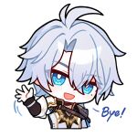  1boy absurdres antenna_hair armor bad_link blue_eyes chibi chibi_only hair_between_eyes highres honkai:_star_rail honkai_(series) male_focus official_art open_mouth phainon_(honkai:_star_rail) shoulder_armor solo tagme transparent_background waving white_hair 