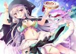  1girl :d aqua_bra bandages black_bow black_cape black_hood blush bow bra bracelet breasts cape circlet clothes_lift commentary_request dutch_angle ghost hair_between_eyes highres holding instrument jewelry large_breasts long_hair looking_at_viewer miyasu_risa navel open_mouth original panties purple_eyes purple_hair purple_panties skirt skirt_lift skull sky smile solo standing star_(symbol) tambourine thong underwear very_long_hair 