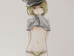  1girl arms_behind_back bai_lao_shu blonde_hair blue_eyes blush breasts clothes_lift erica_hartmann expressionless green_panties grey_background grey_shirt groin hat looking_at_viewer loose_panties military_hat mouth_hold navel no_bra panties peaked_cap petite shirt shirt_lift short_hair small_breasts solo strike_witches underwear world_witches_series 