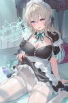  1girl alternate_costume black_bow black_dress blue_eyes blush bow breasts cleavage clothes_lift collar detached_collar dress embarrassed enmaided firefly_(honkai:_star_rail) gradient_hair green_hair green_ribbon hair_between_eyes hair_bow hair_intakes highres honkai:_star_rail honkai_(series) indoors lace lace_panties large_breasts maid maid_headdress multicolored_eyes multicolored_hair neck_ribbon omelet_tomato open_mouth panties panties_visible_through_clothes pantyhose purple_eyes revision ribbon sitting skirt skirt_lift solo twitter_username underwear wariza watermark wet white_collar white_hair white_panties white_pantyhose white_wrist_cuffs wrist_cuffs 