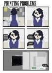 american_mythology anthro black_hair bone character_cipher clothed clothing comic cross-popping_vein dialogue emanata english_text eye_bags female frustrated frustration_cloud hair hi_res indigenous_north_american_mythology mythology north_american_mythology office offscreen_character photocopier skull skull_head solo suitedwolfie text wendigo
