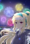 1girl blonde_hair blue_hoodie bow closed_mouth eyebrows_visible_through_hair fireworks gamryous girls&#039;_frontline hair_flowing_over hairband highres hood hoodie long_hair looking_at_viewer new_year ponytail red_eyes ribbon smile solo sv-98_(girls&#039;_frontline) 
