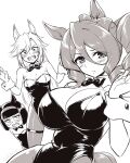  3girls animal_ear_hairband animal_ears bow bowtie breasts cleavage clenched_teeth detached_collar domino_mask fake_animal_ears greyscale hair_between_eyes hairband highres horse_ears horse_girl horse_tail large_breasts leotard mask minnie_the_lady_(umamusume) monochrome multiple_girls nontraditional_playboy_bunny norn_ace_(umamusume) pantyhose pataneet rudy_lemono_(umamusume) sharp_teeth strapless strapless_leotard tail teeth umamusume umamusume:_cinderella_gray wrist_cuffs 