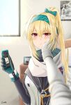  1girl blonde_hair closed_mouth eyebrows_visible_through_hair gamryous girls&#039;_frontline gloves hairband hand_on_another&#039;s_face highres holding holding_phone long_hair looking_at_viewer phone ponytail red_eyes scarf solo sv-98_(girls&#039;_frontline) turtleneck white_scarf 