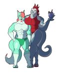 absurd_res anthro beverage big_muscles big_pecs bone bone_mask camel_toe canid canine clothing duo fangs feathers fox hair hi_res hybrid male male/male mammal mask minty_sparkles muscular nipples one-piece_swimsuit pecs pink_hair raccoon_mints scalie skull skull_mask speedo swimwear teeth