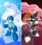  4boys absurdres android armor bass_(mega_man) beard belt black_armor black_helmet blue_bodysuit blue_eyes blue_helmet blue_necktie bodysuit clenched_hands crossed_arms diegodoodles dr._light_(mega_man) dr._wily_(mega_man) evil_grin evil_smile facial_hair facial_mark fang full_body gloves grey_hair grin hand_in_pocket helmet highres lab_coat long_hair looking_at_viewer male_focus mega_man_(character) mega_man_(classic) mega_man_(series) multiple_boys mustache necktie old old_man polka_dot_necktie red_eyes red_necktie robot shoulder_armor smile sparks standing two-tone_background unbuttoned white_beard white_gloves white_hair 