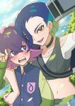  2girls antenna_hair artist_name bad_link blue_hair blue_sky blush bright_pupils brown_eyes camera cloud cloudy_sky collarbone colored_inner_hair dot_(pokemon) freckles highres holding holding_camera jacket letterman_jacket looking_at_another looking_up midriff multicolored_hair multiple_girls navel open_mouth outdoors perrin_(pokemon) pink_hair pokemon pokemon_(anime) pokemon_horizons purple_eyes purple_hair selfie short_hair signature sky smile tohka_arts white_pupils 