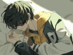  1boy binonng black_hair black_jacket burn_scar eve_(musician) fuchi_sunao highres hood hoodie insomnia_(song) jacket lying mole mole_on_neck multicolored_jacket on_side orange_hoodie sayonara_end_roll_(song) scar sleeping solo two-tone_jacket white_jacket 