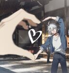  2boys absurdres antenna_hair architecture belt black_belt black_choker choker closed_eyes denim denim_jacket east_asian_architecture half-heart_hands hashtag-only_commentary highres honkai:_star_rail honkai_(series) jacket jeans male_focus migan multiple_boys mydei_(honkai:_star_rail) neck_tattoo open_clothes open_jacket pants parted_bangs phainon_(honkai:_star_rail) shirt short_hair sleeves_rolled_up sun_symbol sun_tattoo tattoo white_hair white_shirt yaoi 