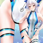  1girl bare_shoulders blue_bow blue_swimsuit blush bow breasts commentary_request fate/grand_order fate_(series) front_zipper_swimsuit hair_between_eyes hair_bow hand_on_hip highleg highleg_swimsuit long_hair looking_at_viewer medium_breasts meme_attire multicolored_clothes multicolored_swimsuit one-piece_swimsuit red_eyes silver_hair smile solo striped striped_swimsuit swimsuit thigh_strap tomoe_gozen_(fate) tomoe_gozen_(swimsuit_saber)_(fate) wet white_swimsuit yumi_(careca398) zoom_layer 