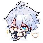  1boy absurdres antenna_hair arm_strap bad_link blue_eyes chibi chibi_only hair_between_eyes highres holding holding_sword holding_weapon honkai:_star_rail honkai_(series) male_focus official_art one_eye_closed phainon_(a_dream_scented_in_wheat)_(honkai:_star_rail) phainon_(honkai:_star_rail) scar scar_on_arm scar_on_face solo speech_bubble sword transparent_background weapon white_hair 