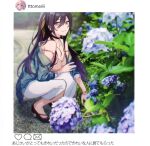  1girl bad_link bare_shoulders blush breasts flower high_heels highres hydrangea idolmaster idolmaster_shiny_colors jewelry long_hair looking_at_viewer necklace shirase_sakuya squatting tomari_(veryberry00) 
