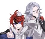  4boys absurdres ahoge aotsuki_eito black_gloves black_streaks blue_eyes blue_jacket chibi chibi_on_head chinese_commentary glasses gloves grey_eyes grey_hair grey_jacket hand_up highres holding_chibi hood hoodie jacket looking_at_viewer male_focus multicolored_hair multicolored_jacket multiple_boys on_head red_hair short_hair simple_background smile streaked_hair sumino_takumi the_hundred_line_-last_defense_academy- two-tone_jacket v white_hoodie white_jacket zhaoone233 