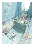  1girl animal_ears bathing bathroom blonde_hair blue_archive blush closed_eyes commentary_request completely_nude day from_above hair_over_one_eye halo highres in_bathtub indoors kanna_(blue_archive) knees_to_chest long_hair nude open_mouth overexposure partially_submerged relaxing rubber_duck shower_head sitting solo stool tile_wall tiles wide_shot window yamabuki0 