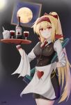  1girl blonde_hair bottle closed_mouth cup drinking_glass eyebrows_visible_through_hair gamryous girls&#039;_frontline gloves hairband halloween highres long_hair looking_at_viewer necktie ponytail red_eyes simple_background smile solo sv-98 sv-98_(girls&#039;_frontline) vampire wine_bottle wine_glass 