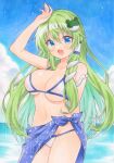  1girl alternate_costume bikini blue_eyes blue_sarong blue_sky breasts cleavage cloud collarbone commentary day frog_hair_ornament green_eyes green_hair hair_ornament hair_tubes hashtag-only_commentary highres kochiya_sanae large_breasts long_hair looking_at_viewer navel open_mouth outdoors sarong single_hair_tube sky smile snake_hair_ornament solo stomach swimsuit touhou very_long_hair water watermark white_bikini yuiki_(cube) 