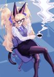 1girl absurdres adjusting_eyewear ahoge animal_ears black_jacket black_pantyhose black_skirt blonde_hair blue_necktie blue_ribbon breasts chair coffee coffee_mug collared_shirt commentary_request cup fake_animal_ears glasses hair_ornament hair_ribbon highres holding holding_cup indoors jacket large_breasts long_hair long_sleeves looking_at_viewer mug necktie nijisanji on_chair pantyhose parted_lips purple_eyes ribbon shirogami_seisho shirt sitting skirt solo steam takamiya_rion twintails virtual_youtuber white_shirt 