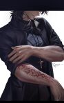  1boy absurdres black_jacket black_shirt brown_hair command_spell cross cross_necklace fate/stay_night fate_(series) highres jacket jewelry kotomine_kirei latin_cross male_focus necklace priest rijjin shirt short_hair simple_background smile solo toned toned_male veins white_background 