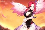  axasempai bare_shoulders black_one-piece_swimsuit breasts chain cowboy_shot earrings feathered_wings feathers ferham_(mega_man) green_eyes hair_bun highres jewelry large_breasts mega_man_(series) mega_man_x:_command_mission mega_man_x_(series) mega_man_x_dive one-piece_swimsuit pink_feathers pink_wings red_hair robot_ears robot_girl sunset swimsuit wings 