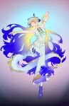  1girl absurdres aqua_eyes arknights armpits bare_arms bare_shoulders blonde_hair chinese_commentary closed_mouth colored_extremities commentary_request dragon_girl dragon_horns dragon_tail earrings eyes_visible_through_hair full_body grey_hair grey_pants grey_tube_top highres horns jewelry light_smile long_hair looking_to_the_side multicolored_hair necklace no_jacket outstretched_arm pants pointy_ears purple_hair shu_(arknights) solo strapless tail tube_top turning_head very_long_hair yeye_(yun_ying) 