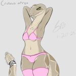 2025 absurd_res anthro arms_above_head bedroom_eyes big_tail blep bow_bra bow_panties bow_underwear bra breasts brown_markings clothing countershade_face countershade_scales countershade_tail countershade_torso countershading dated digital_drawing_(artwork) digital_media_(artwork) eyelashes fangs female female_anthro flat_colors forked_tongue frilly frilly_bra frilly_clothing frilly_legwear frilly_panties frilly_thigh_highs frilly_underwear front_view green_eyes grey_background hi_res krita_(artwork) legwear lingerie long_neck long_tail looking_at_viewer markings medium_breasts narrowed_eyes navel non-mammal_breasts panties pink_bra pink_clothing pink_legwear pink_lingerie pink_panties pink_thigh_highs pink_tongue pink_underwear pinup pit_viper portrait pose pupils raised_arms rattle_(anatomy) rattlesnake reptile scale_markings scales scalie seductive signature simple_background sketch sketchbook_(artwork) slit_pupils smile smiling_at_viewer snake snout solo spe species_name tail tan_body tan_countershading tan_scales teeth text thick_tail thick_thighs thigh_highs three-quarter_portrait tongue tongue_out underwear ventral_scales viper western_diamondback_rattlesnake wide_hips