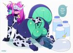 2025 2_horns 4_toes accessory ahoge all_fours animal_print animal_print_thigh_highs anthro anus armwear balls big_balls big_penis blue_tongue bodily_fluids bottomwear bridal_gauntlets chromapan clothing condom container cow_print cow_print_bridal_gauntlets cow_print_thigh_highs cow_print_topwear dialogue disembodied_hand dragon ear_piercing ear_tag ejaculation emanata english_text eyebrow_through_hair eyebrows eyelashes fake_cow_ears fake_ears feet femboy filled_condom fingers flash_emanata genitals green_anus green_balls green_body green_scales hair hair_accessory hairband handjob hi_res horn ike_(ikeywike) legwear male milk_container mythological_creature mythological_scalie mythology pattern_clothing pattern_legwear pattern_thigh_highs penile penis piercing purple_hair red_eyes scales scalie sex sexual_barrier_device signature simple_background solo speech_bubble stirrup_legwear stirrup_thigh_highs sweat sweaty_body tail text thigh_highs toes tongue tongue_out topwear translucent translucent_hair wavy_horn white_background wingless_dragon