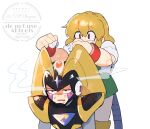  1boy 1girl armor bass_(mega_man) black_armor black_helmet blonde_hair chest_jewel dress egg forehead_jewel green_dress helmet highres mega_man_(classic) mega_man_(series) original piano_(srnhuyuno) red_eyes simple_background srnhuyuno upper_body watermark white_background 